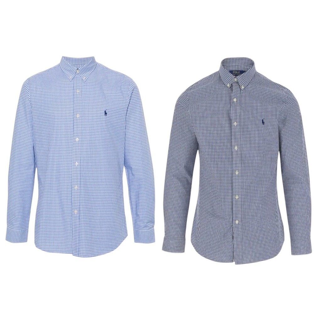 Polo Ralph Lauren Mens Gingham Button Down Shirt Lot of 2 Blue Check Long Sleeve